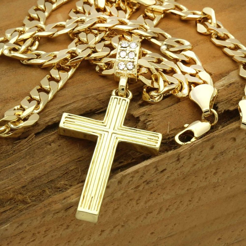 14k Gold Cross 24" Cuban Chain + Pendant